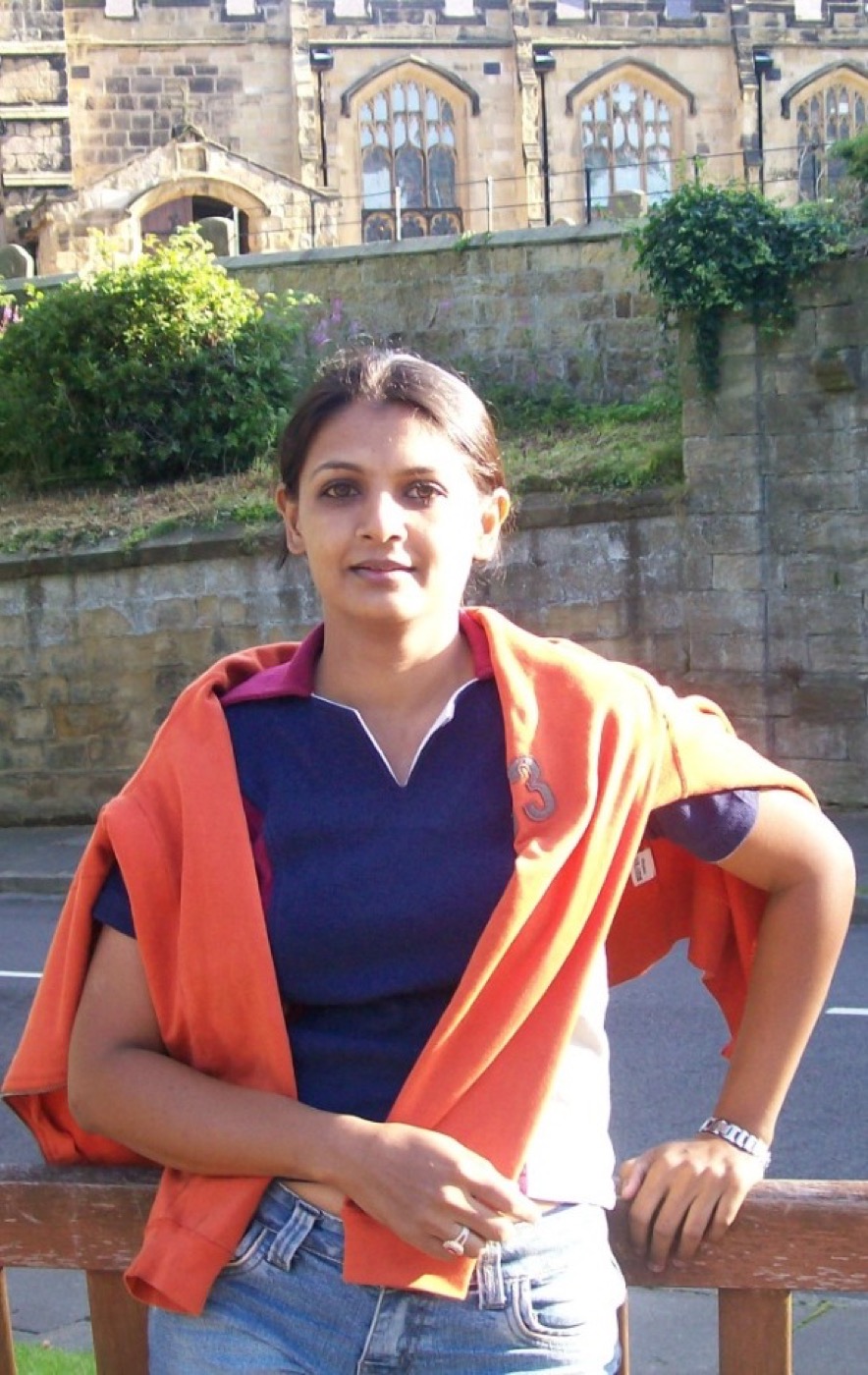 Neelu Patel with her paper mache artwork